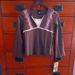 FANG Brown Top with Pink Floral Accents